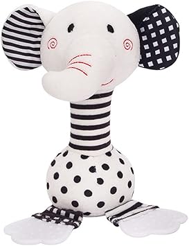 D-KINGCHY Baby Toys 0-12 Months, Black and White Newborn Toys, Soft Plush Rattle Stuffed Animal Toy with Teether and Sound, Developmental Hand Grip Toys (Elephant)