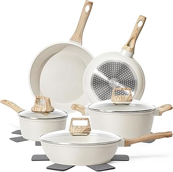 SODAY 12 Pcs Pots and Pans Set Non Stick, Cookware Sets White Granite Induction Cookware, Non-toxic Healthy Nonstick Kitchen Cooking Set with Frying Pan Set, Saucepans (PFAS/PFOA/PFOS Free)
