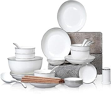 Stylish Dishes Set for Luxury Restaurant and Home, 38-Piece Bone China Ceramic Dinnerware Set, Simple Combi-Set Porcelain Tableware Set of Bowls/Plates/Pot/Spoon Service for 6 Kitchenware