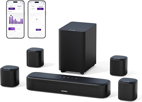 ULTIMEA 7.1ch Virtual Surround Sound Bar, Sound Bar for Smart TV with 4 Surround Speakers, Peak Power 330W, Surround Sound System for TV, App Control, TV Soundbar with Subwoofer, Opt/AUX/BT, Aura A40