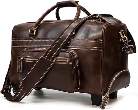 Genuine Leather Luggage Trolley Case Hand Luggage with Rolls Men Women Leather Trolley Case Flights (Color : A)