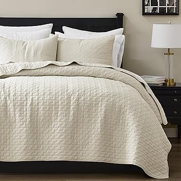 palassio Beige 100% Cotton Quilt California Cal King Size Bedding Sets with 2 Pillow Shams, Textured Oversized Lightweight Bedspread Shabby Chic Coverlet, Soft Bed Cover for All Season, 3 Pieces