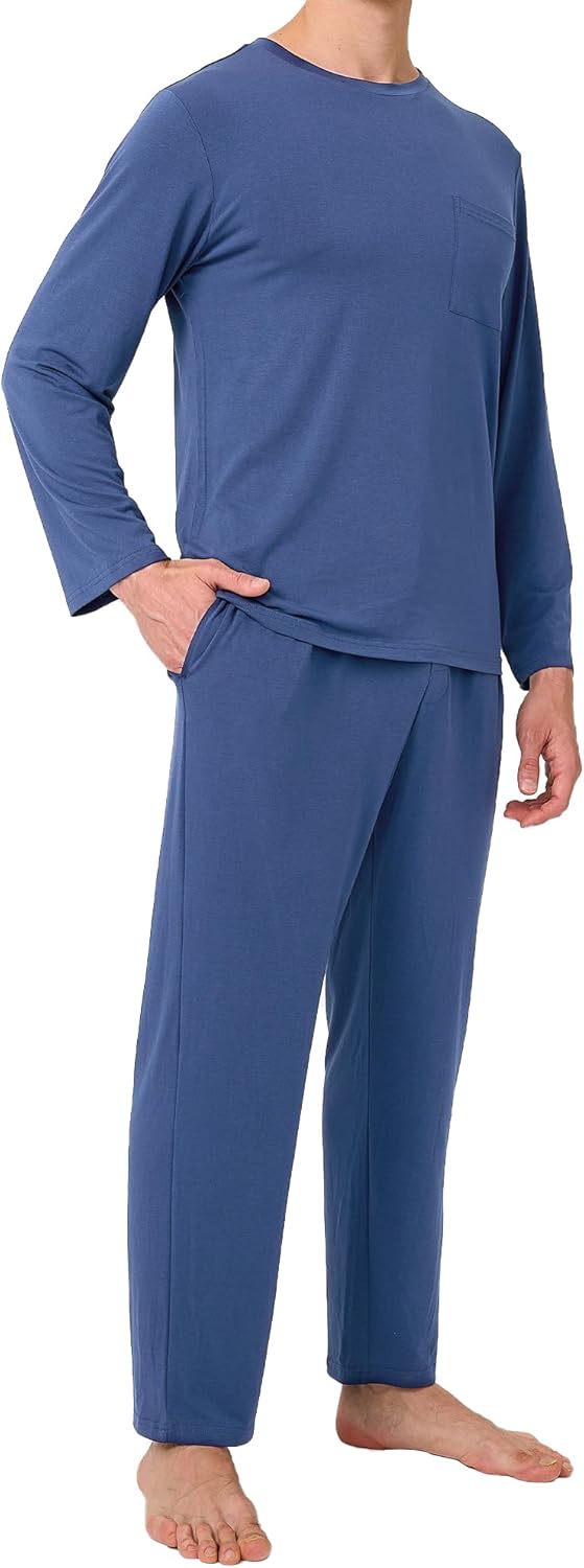 BAMBOO COOL Mens Pajama Set Bamboo Viscose Soft Pijamas Sets for Men Long Sleeve Full Length Pants Pjs Sleepwear with Pockets