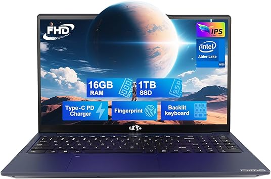 NIMO 15.6 IPS-FHD-Laptop, 16GB RAM 1TB SSD Intel Pentium Quad Core N100, Backlit Keyboard Fingerprint (Beat to i3-1115G4 Up to 3.4GHz) Computer for Student-Home WiFi 6 BT5.2 Win 11