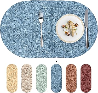 Faux Leather Round Placemats with Vinyl Surface – Heat Resistant, Wipeable Dining Table Placemats for Kitchen or Small Tables – Embossed Handmade Design – Individuales Redondos