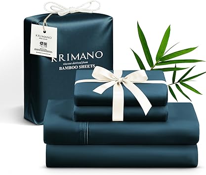 Queen Size Sheet Set, Viscose Bamboo Sheets for Bed Set 4pcs, 100% Viscose Derived from Bamboo, Hotel Luxury Silky & Cooling for Hot Sleepers, Deep Pocket Up to 17", Navy Blue